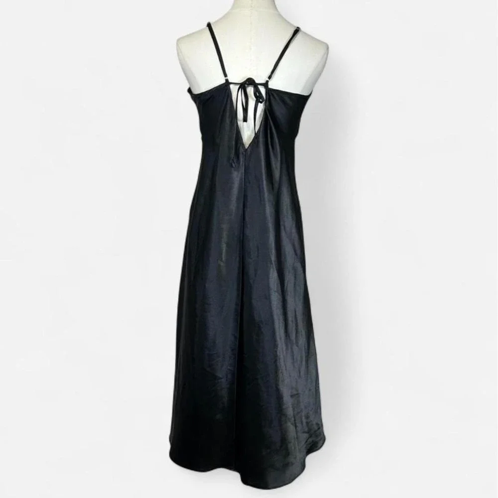 Vintage Black Satin Floral Lace Slip‎ Dress Womens M Coquette Lingerie Romantic